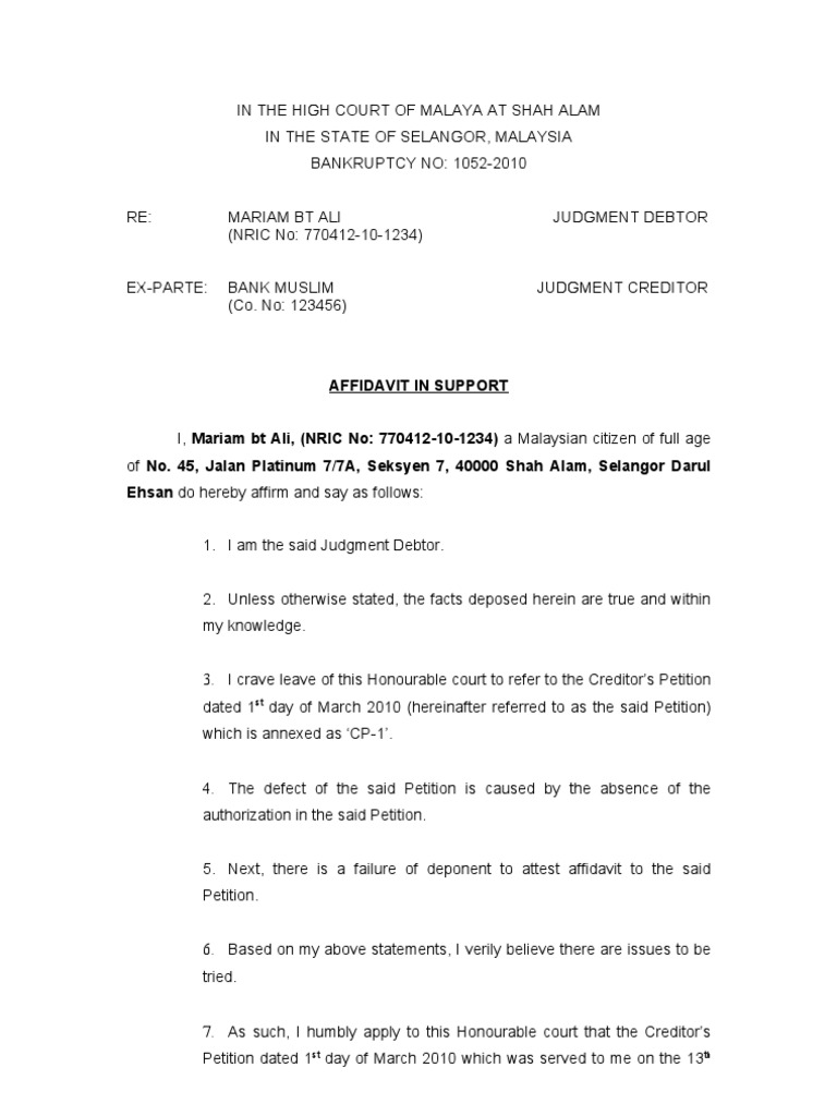 Sample : Affidavit in Support [Banckruptcy Case]