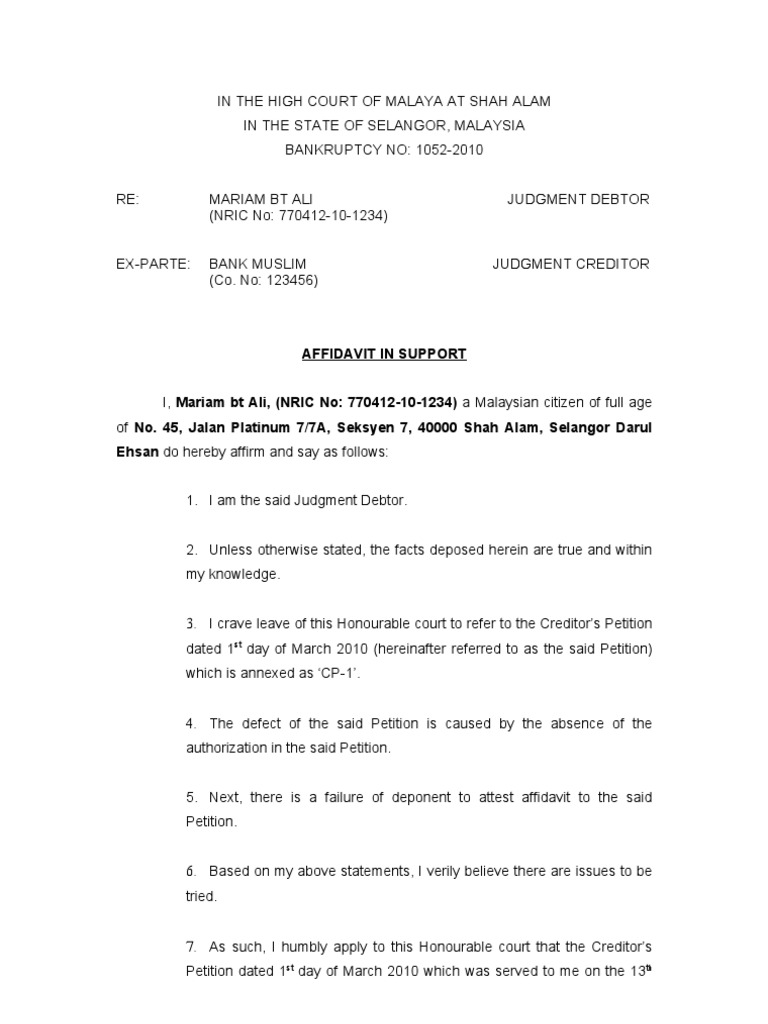 Sample: Affidavit in Support (Banckruptcy Case)  PDF  Affidavit