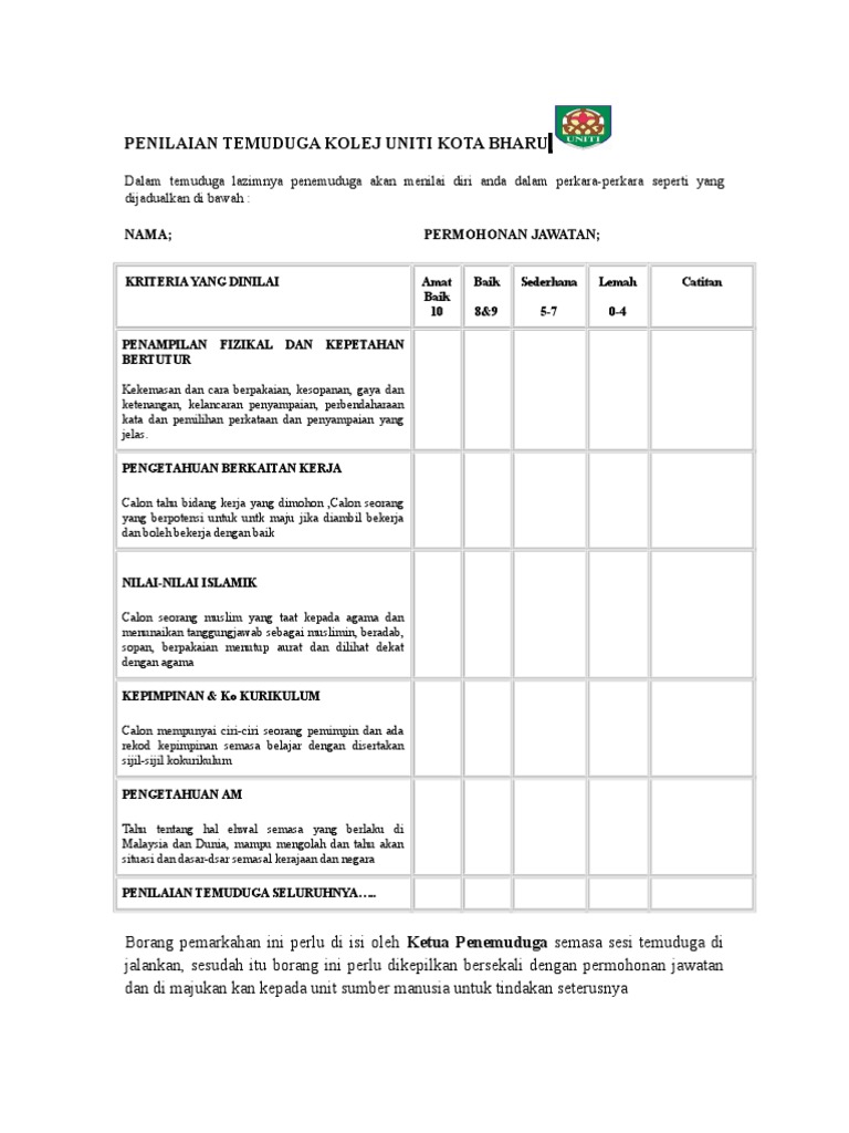 Penemuduga Contoh Borang Penilaian Temuduga Kerja