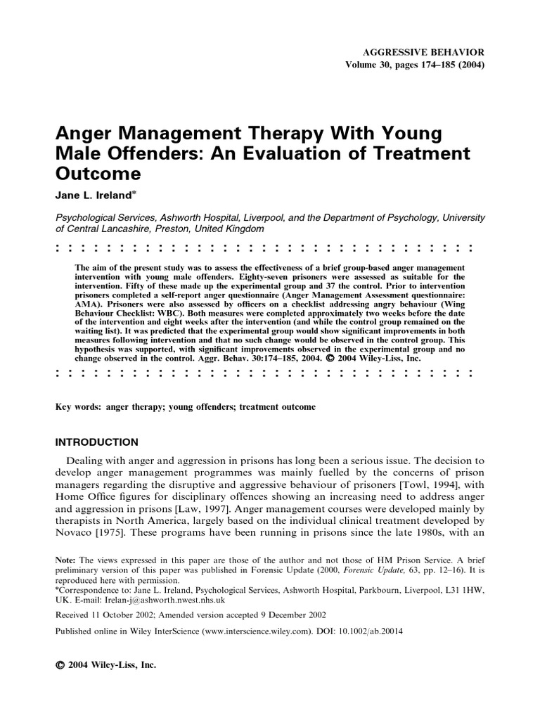 Anger Management Therapy With Young Male Offenders An Evaluation of ...