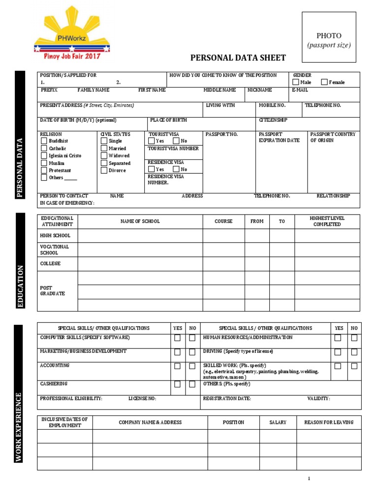 Personal Data Sheet (passport size) Travel Visa Passport