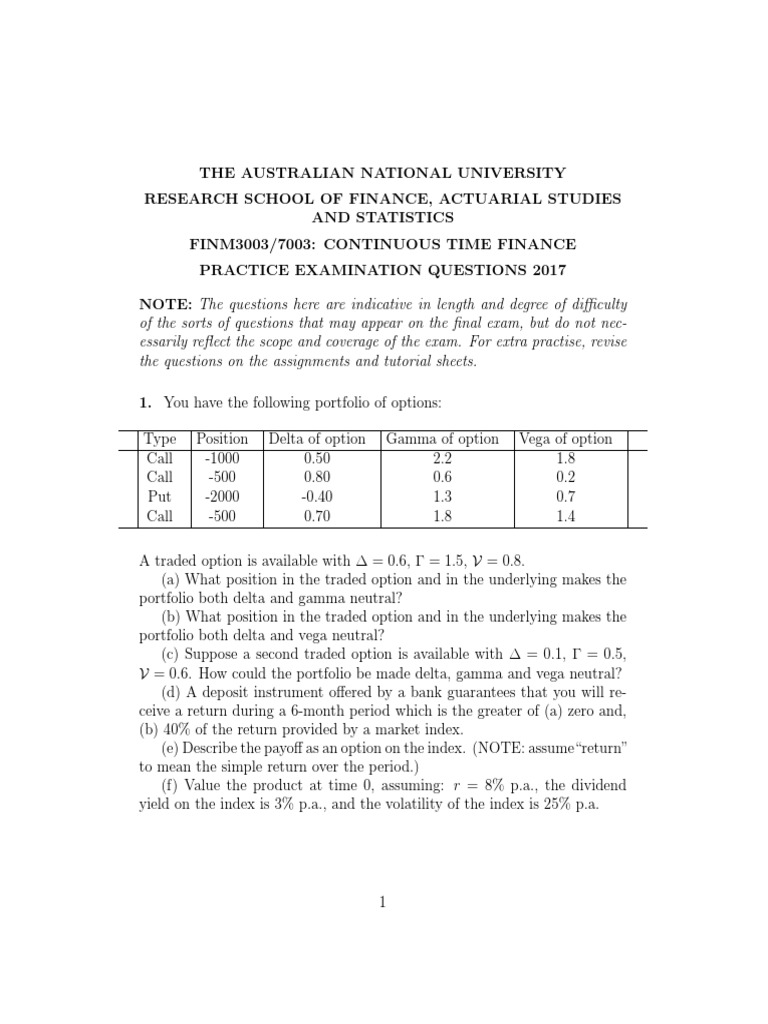 FINM3003 Continuous Time Finance Exam | PDF | Greeks (Finance) | Option ...