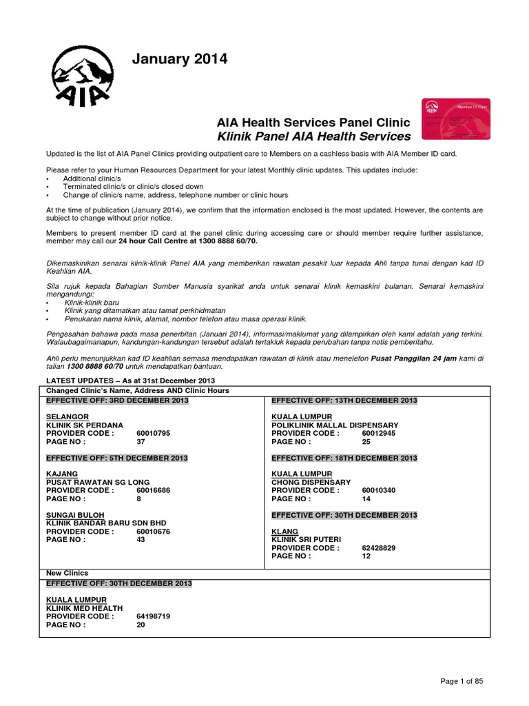 AIA Health Services Panel Clinics List | PDF
