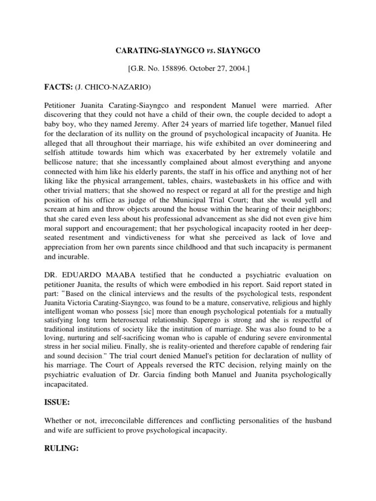 Psychological Incapacity in Marriage Case | PDF | Marriage | Family