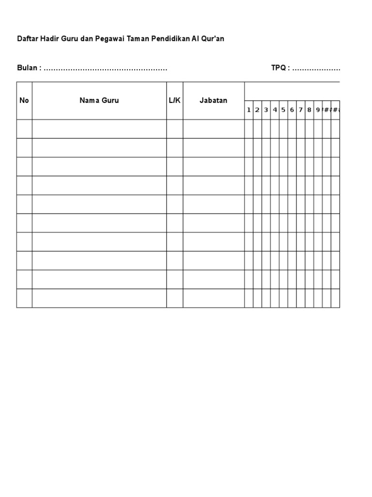 Contoh Buku Daftar Hadir Guru TPQ Excell
