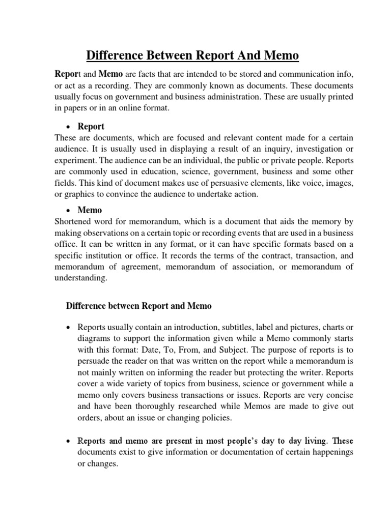 Difference Between Report and Memo PDF Memorandum Communication