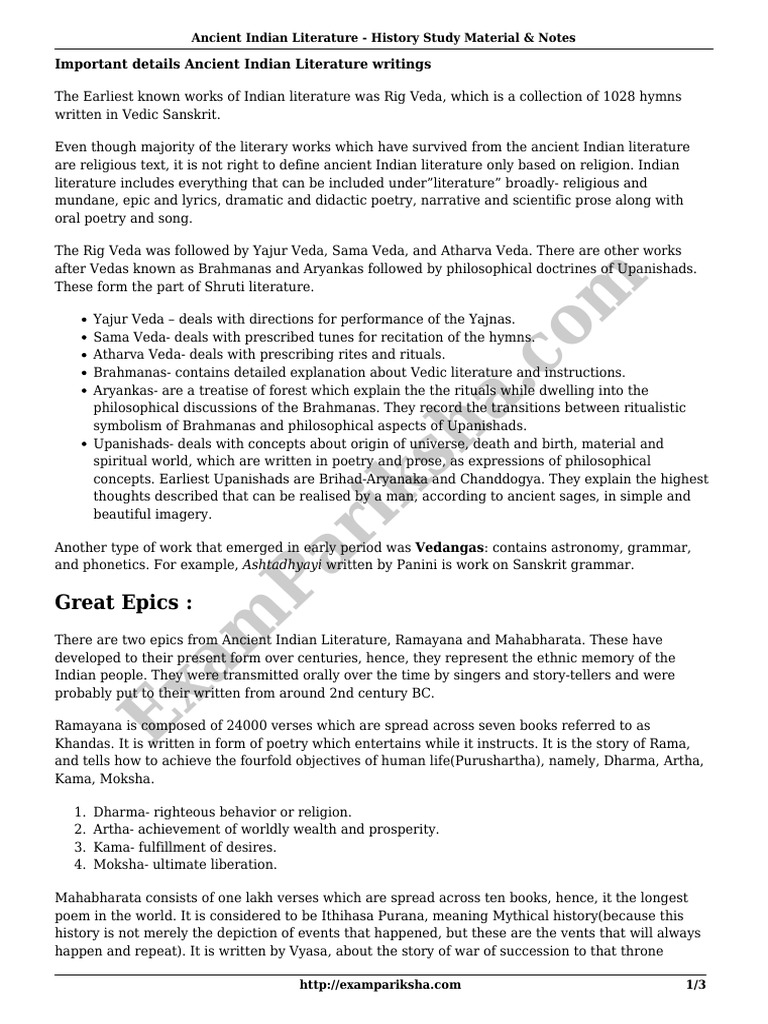 Ancient Indian Literature History Study Material Notes | PDF | Vedas ...