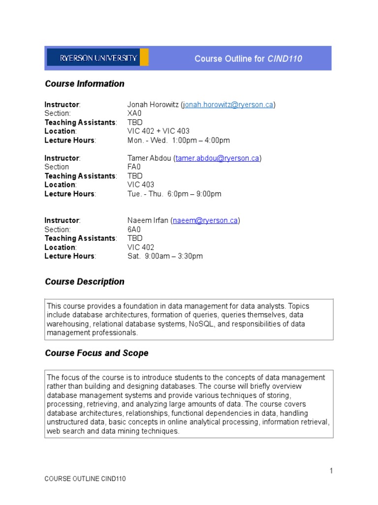 Course Outline - SpringCIND1101 | PDF | Relational Model | No Sql