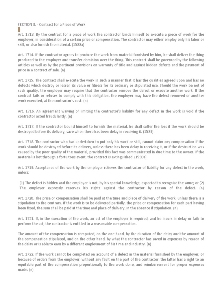 Contract for Piece Work  Business Law  Employment