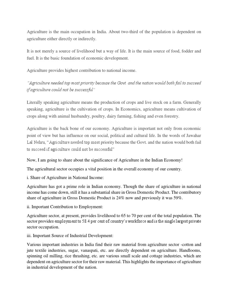 Importance of Agriculture in The Indian Economy - Elocution | PDF ...