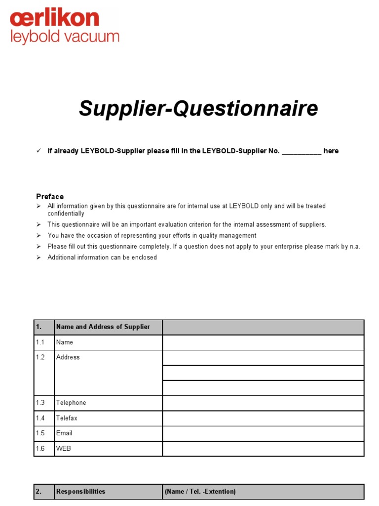 Supplier Questionnaire PDF Business