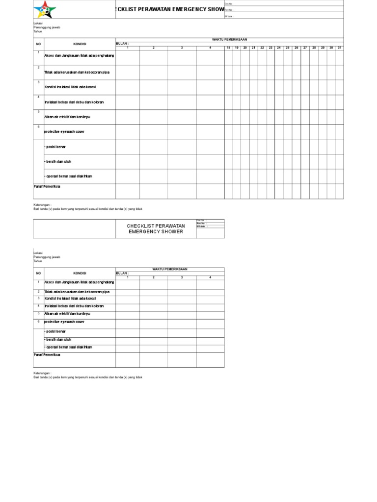 Checklist Emergency Shower New PDF
