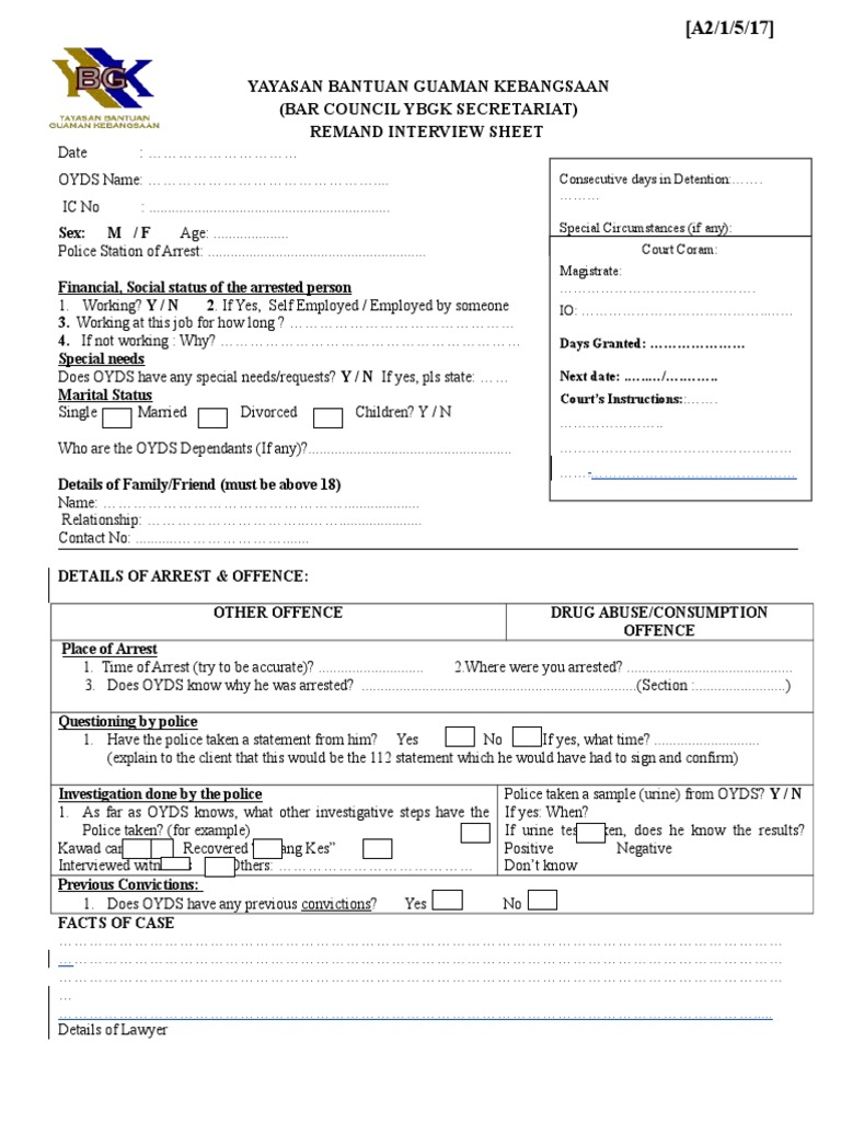 A2 Remand Interview Sheet.mar17 Arrest Criminal Law