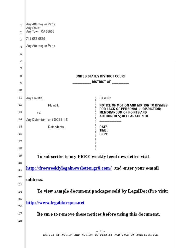 Sample Motion To Dismiss Under Rule 12 (B) (2) in United States ...
