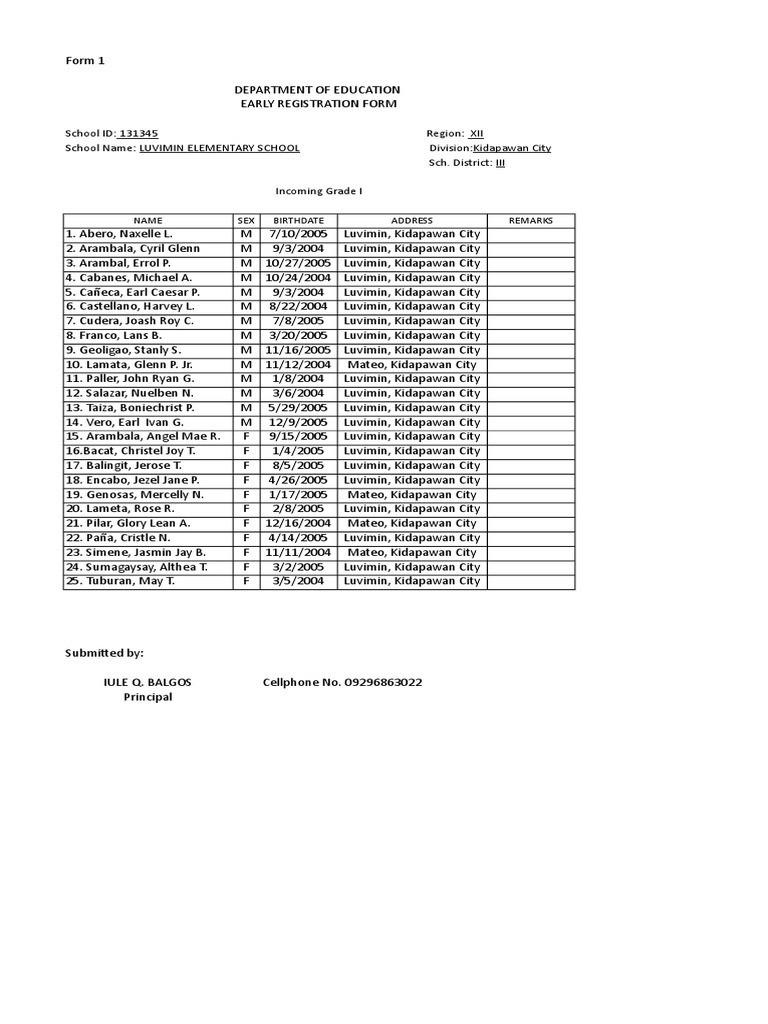 Early Enrolment Form Pdf