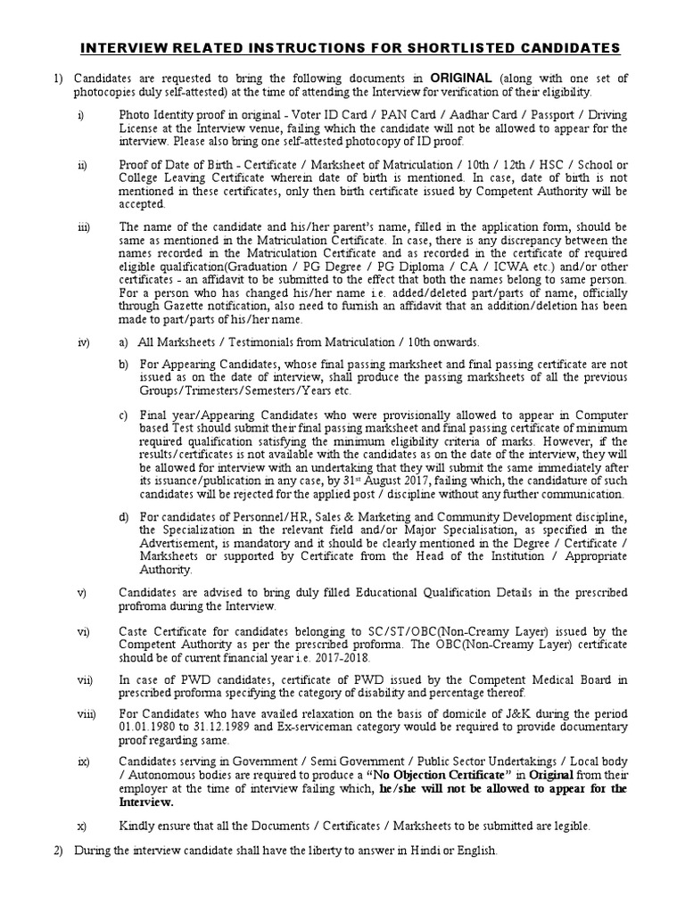 Interview Instructions for Shortlisted Candidates | PDF | Identity ...