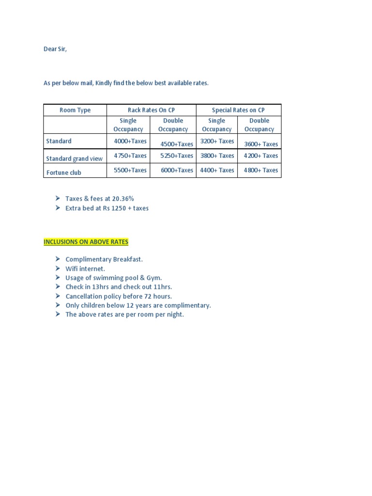 Hotel Room Rates and Inclusions | PDF