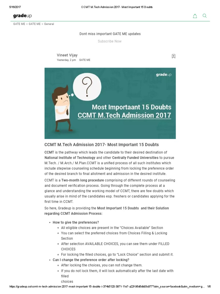 Vineet Vijay: CCMT M.Tech Admission 2017-Most Important 15 Doubts | PDF ...