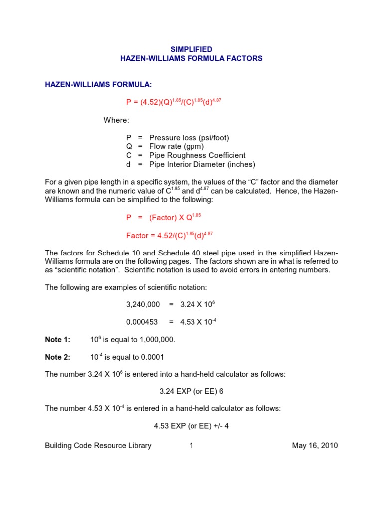 Simplified Hazen Williams Formula1 Pipe (Fluid Conveyance) Chemical