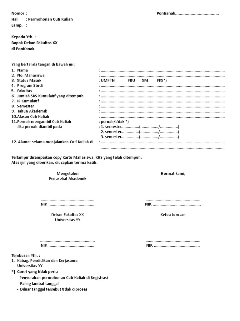 Contoh Format Surat Cuti Kuliah