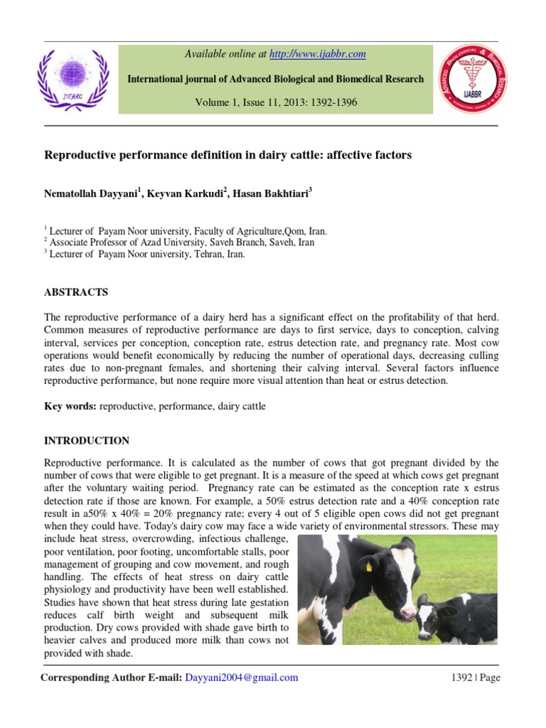 Reproductive performance definition in dairy cattle affective factors