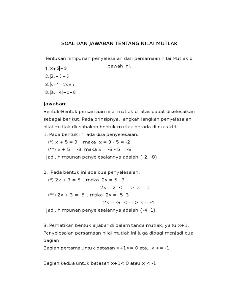 Contoh Soal NILAI MUTLAK Dan Pembahasan PDF