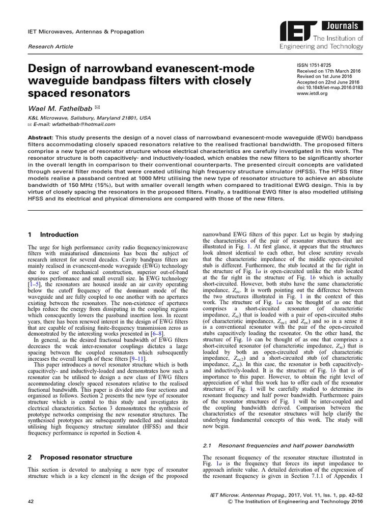 Design of Narrowband Evanescent-Mode Waveguide Bandpass Filters With ...