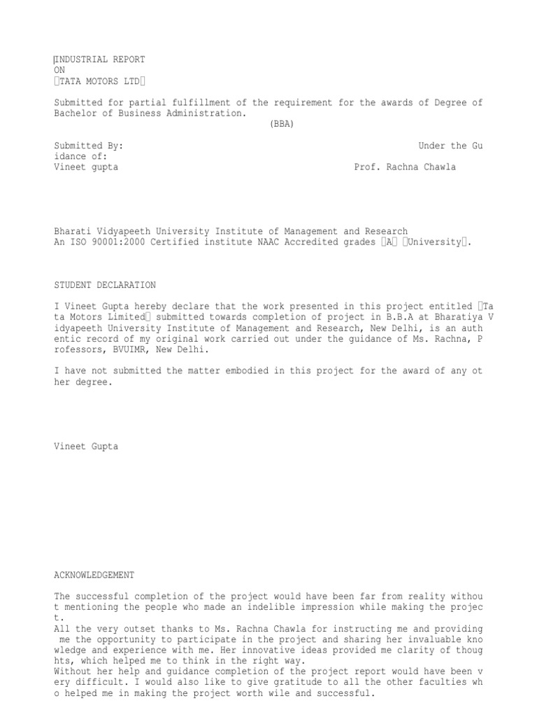 Project Report on Tata Motors Audit Economies