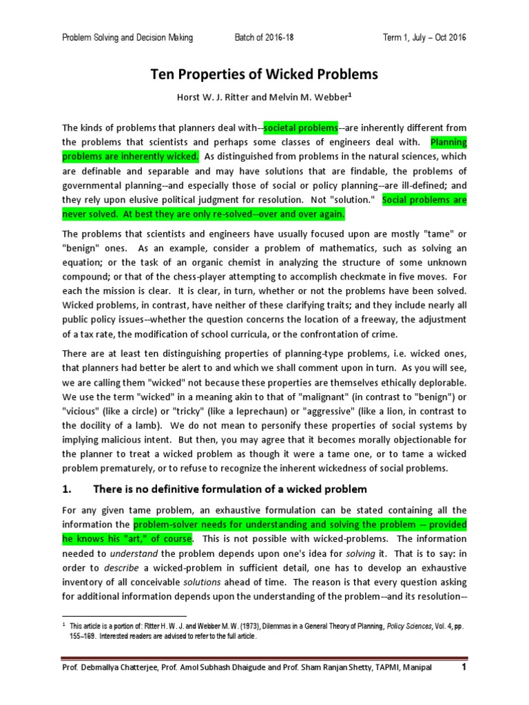 Webber (1973) Properties of Wicked Problems PDF Hypothesis