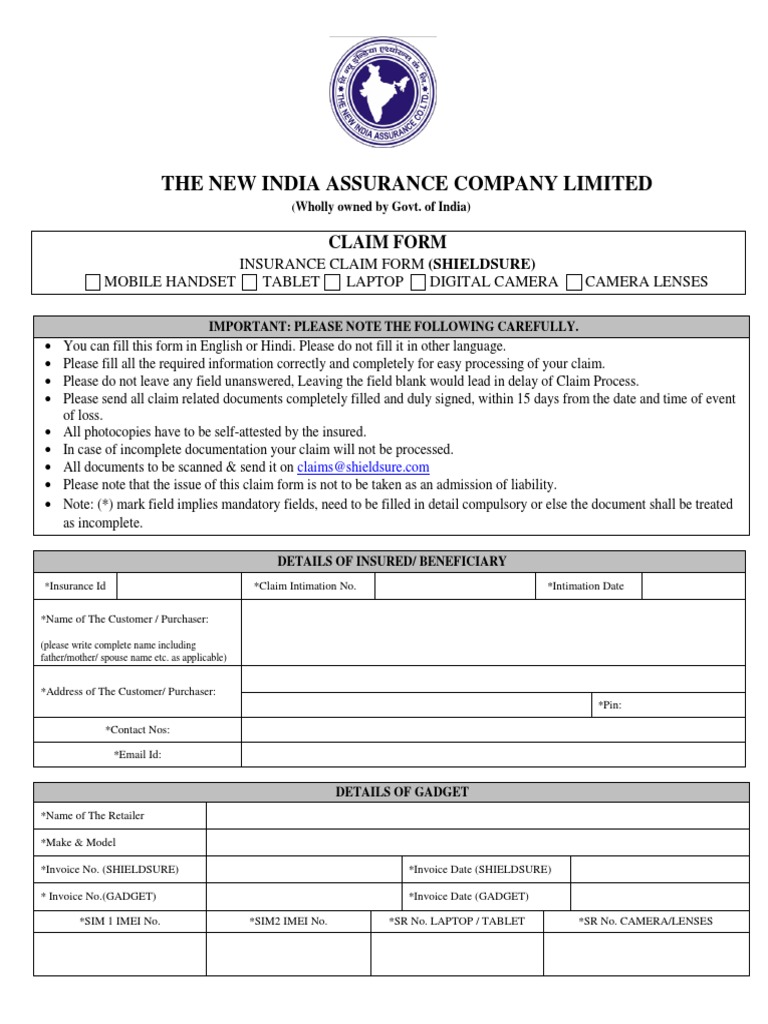 The New India Assurance Company Limited Claim Form PDF Subscriber Identity Module Invoice