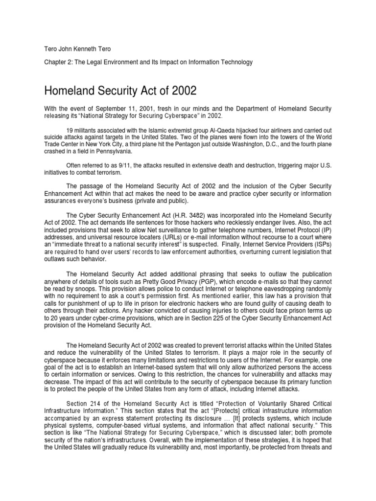 Analysis of the Homeland Security Act of 2002 and its Impact on