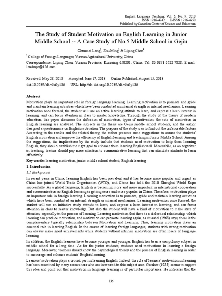 The Study of Student Motivation On English Learning in Junior Middle ...
