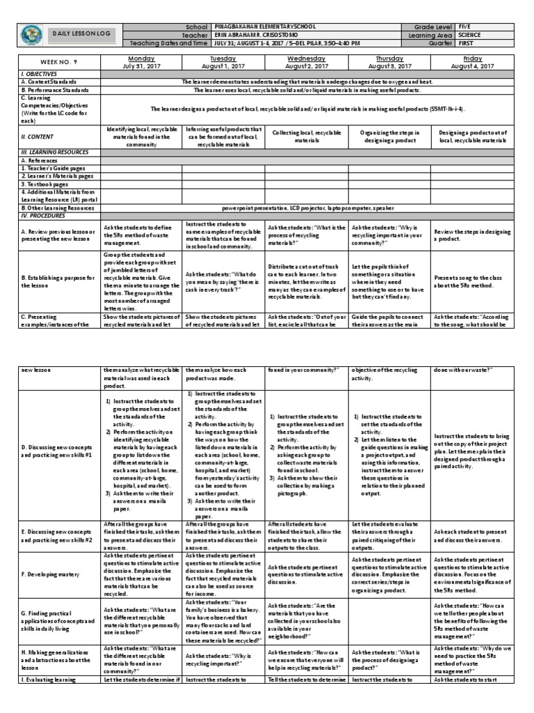 DLL Science 5 Week 9 PDF Lecture Recycling