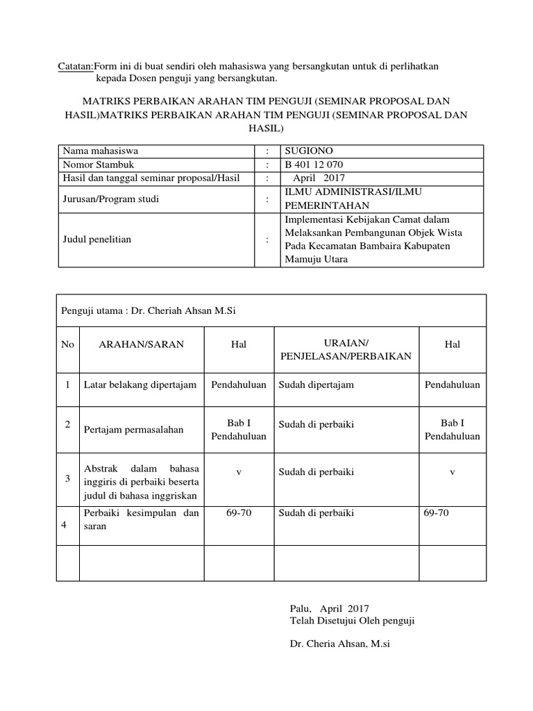 Matriks Perbaikan Proposal Skripsi | PDF