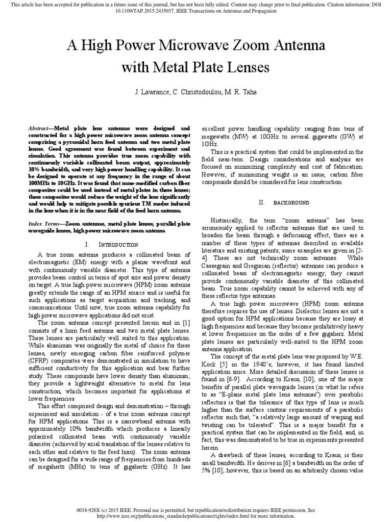 High Power Microwave Zoom Antenna | PDF | Lens (Optics) | Zoom Lens
