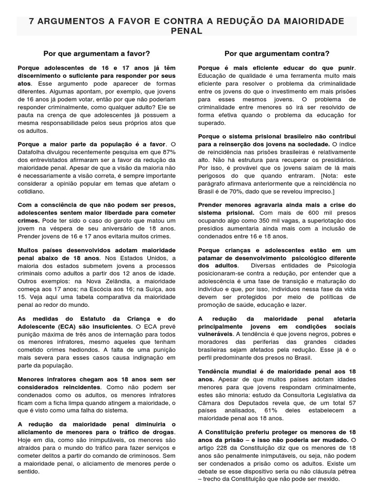 Argumentos a Favor e Contra a Maioridade Penal | PDF | Adolescência ...