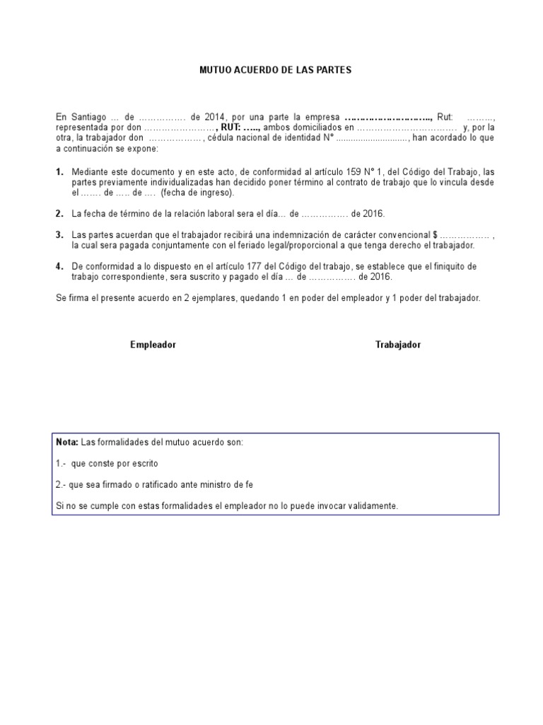 Descubrir 44+ imagen modelo carta mutuo acuerdo de las partes articulo 159