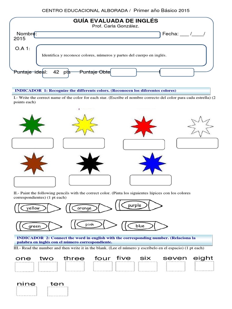 Guia Evaluada De Ingles Para Primero