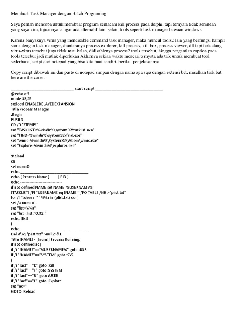 Membuat Task Manager Dengan Batch Programing | PDF
