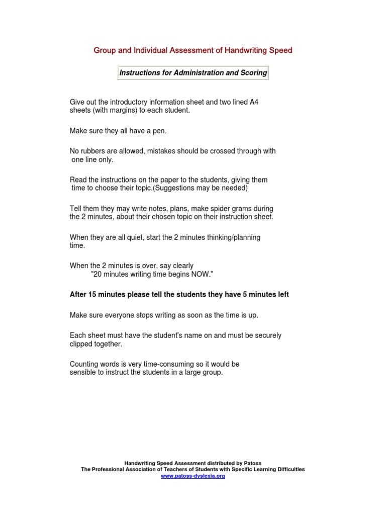 Handwriting Speed Assessment Pa Toss | Test (Assessment) | Educational ...