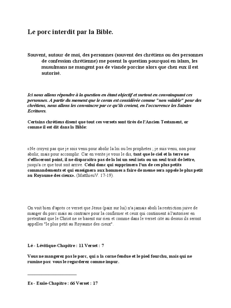 Le Porc Interdit Par La Bible PDF Évangiles Cochon domestique