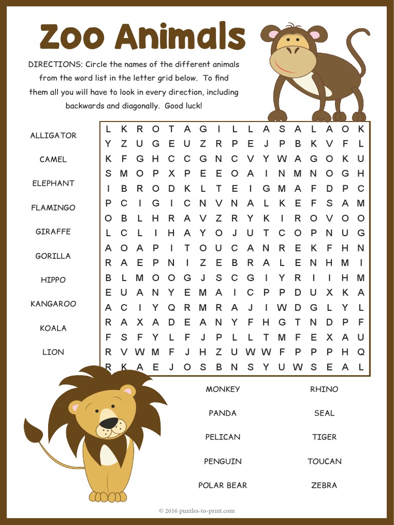 Free Printable Zoo Animal Word Search