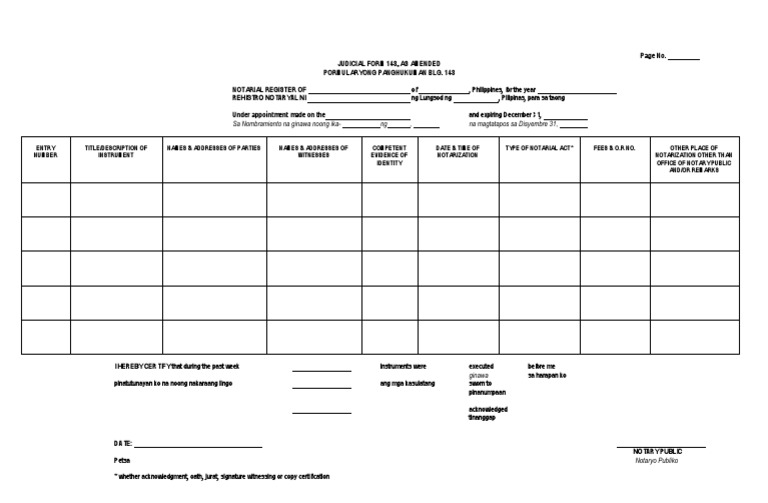 Notarial Register Blank form Notary Public Document
