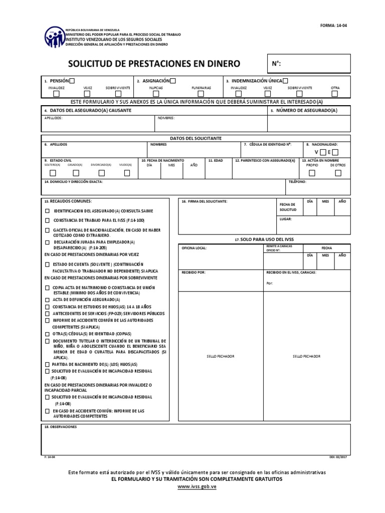 Planilla 14-04 IVSS: Solicitud de Prestaciones | PDF