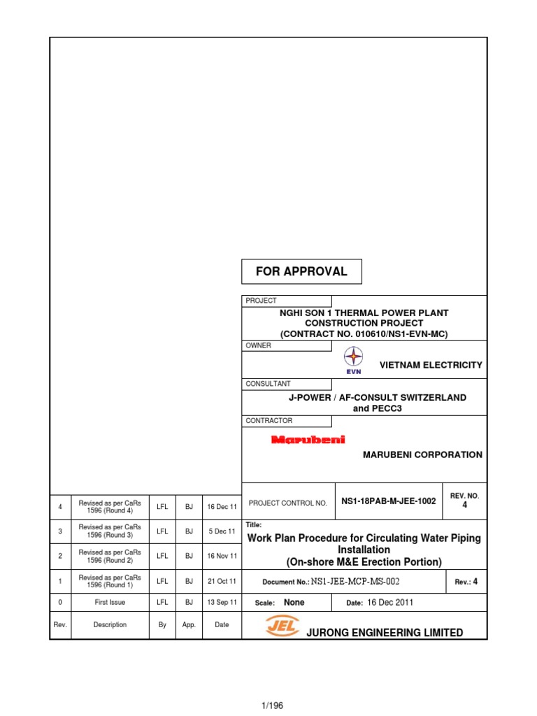 NS1 Work Plan Procedure For CW Piping Installation Rev.4 PDF Crane