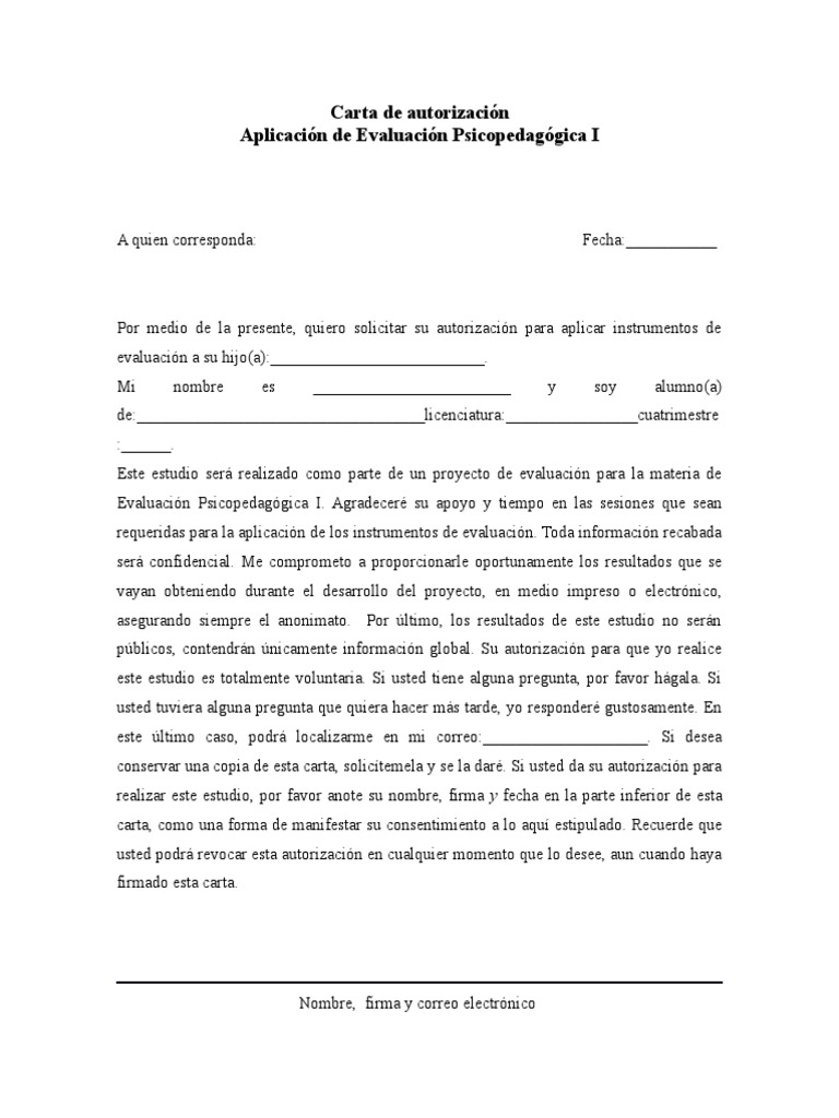 Carta de Autorización Evaluación Psicopedagógica I