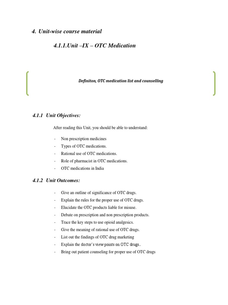 Overview of Unit IX OTC Medication Definitions, Types, Rational Use