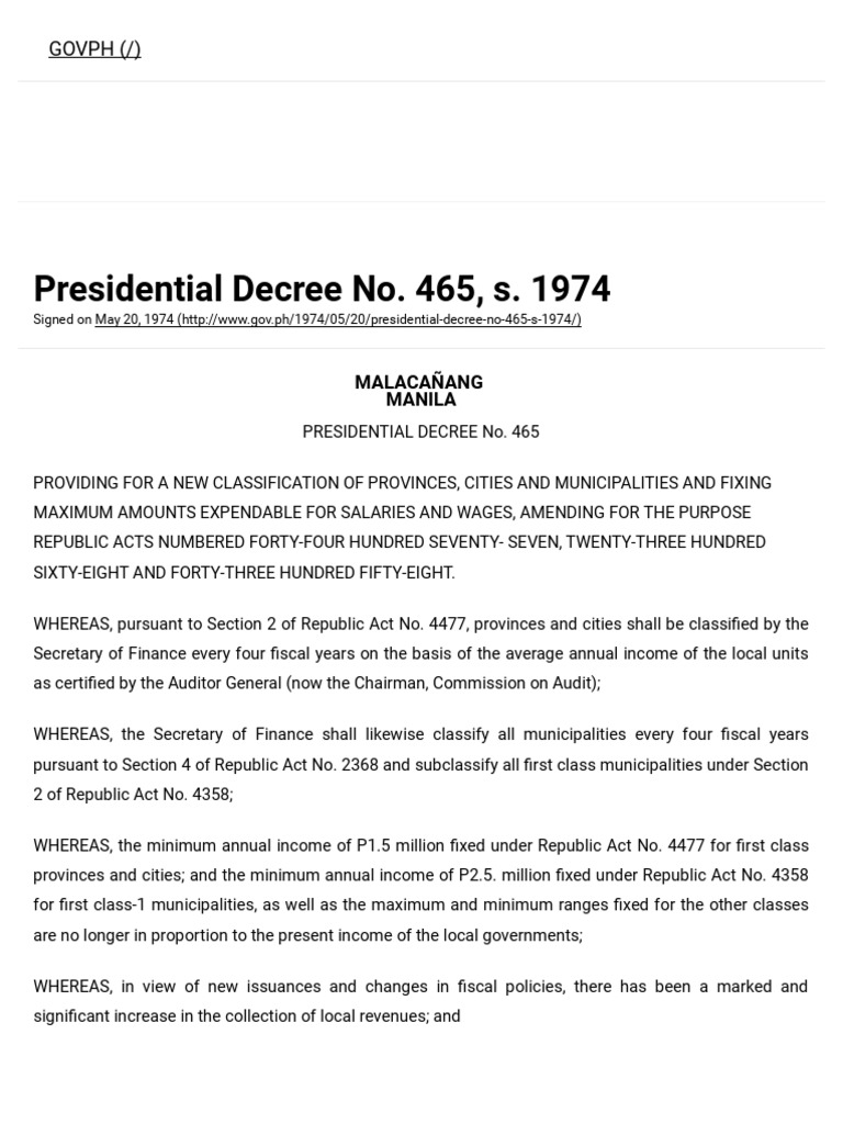 Presidential Decree No. 465, S_classification of Cities | Decree | Salary