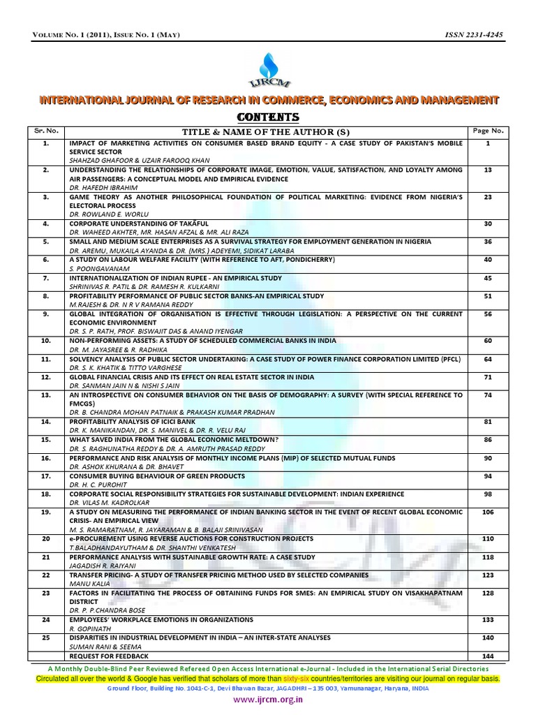 Vol-1 - Issue-1 of International Journal of Research in Commerce, Economics  & Management | PDF | Brand | Marketing