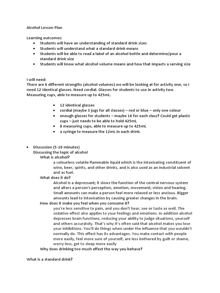 Alcohol Lesson Plan PDF Drink Litre